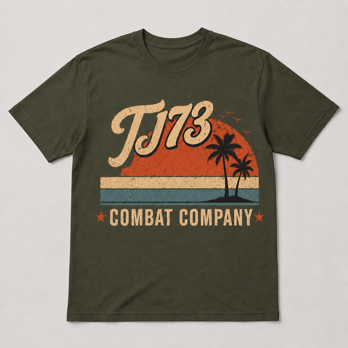 TJ73 Combat Company Retro Sunset Tee — Army Green, front flat with retro sunset and palm tree print