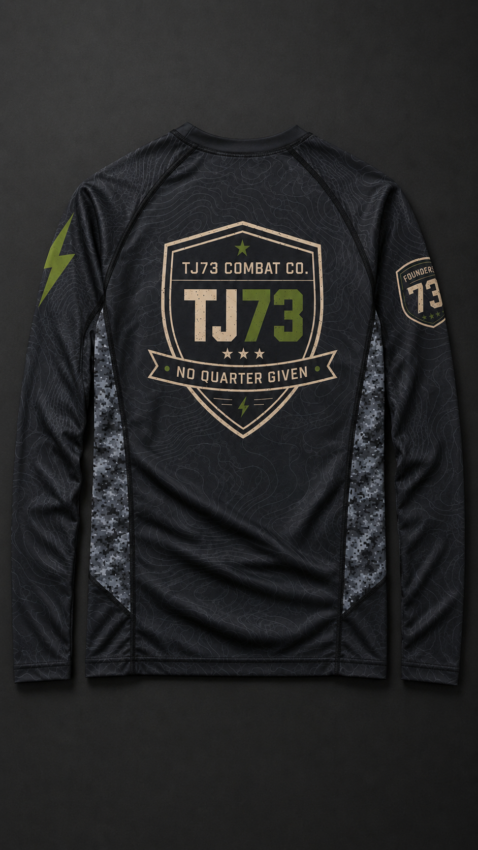 TJ73 Combat Co. long sleeve rashguard, back — TJ73 shield with NO QUARTER GIVEN banner