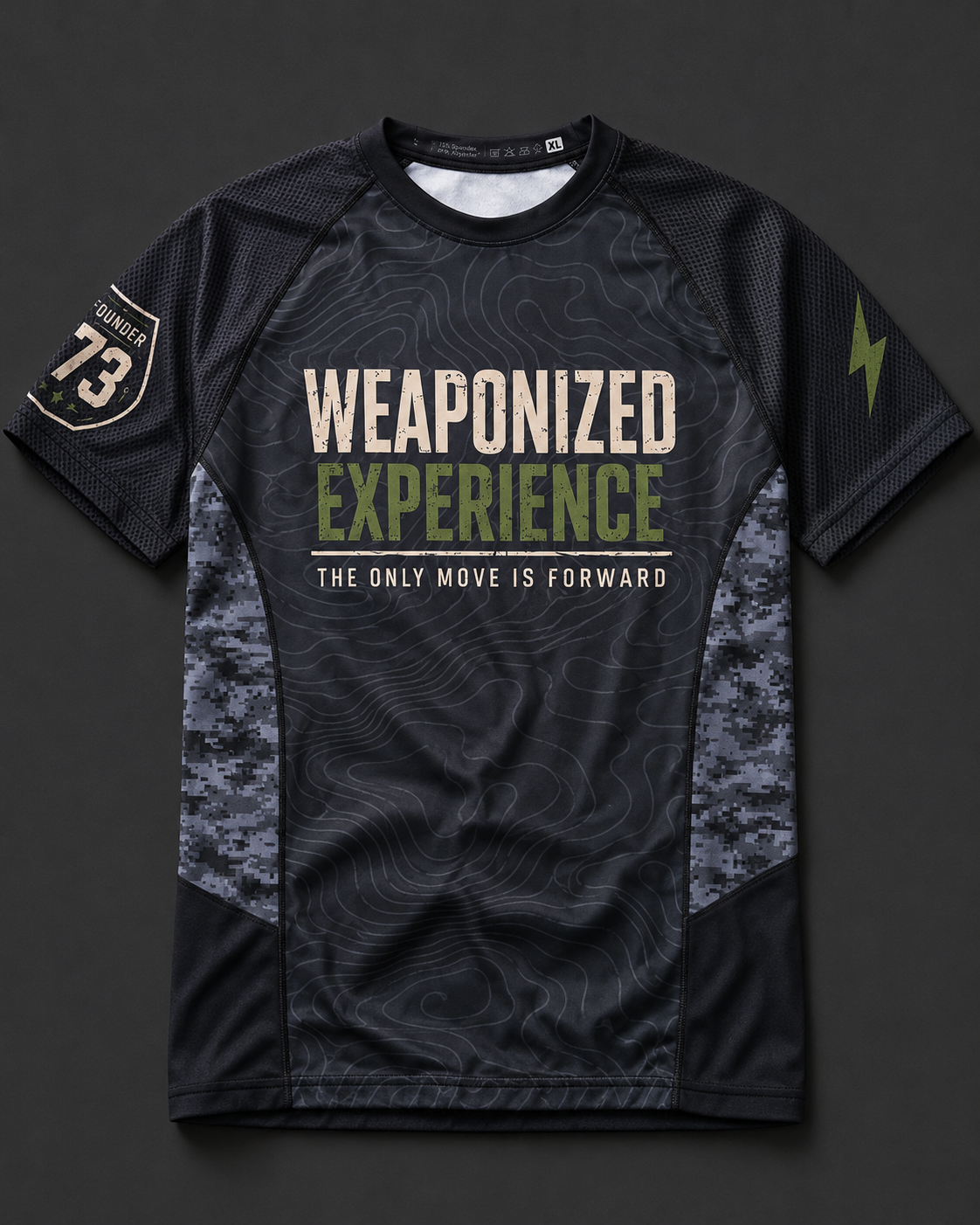 TJ73 Combat Co. short sleeve rashguard, front — WEAPONIZED EXPERIENCE print with mesh sleeves