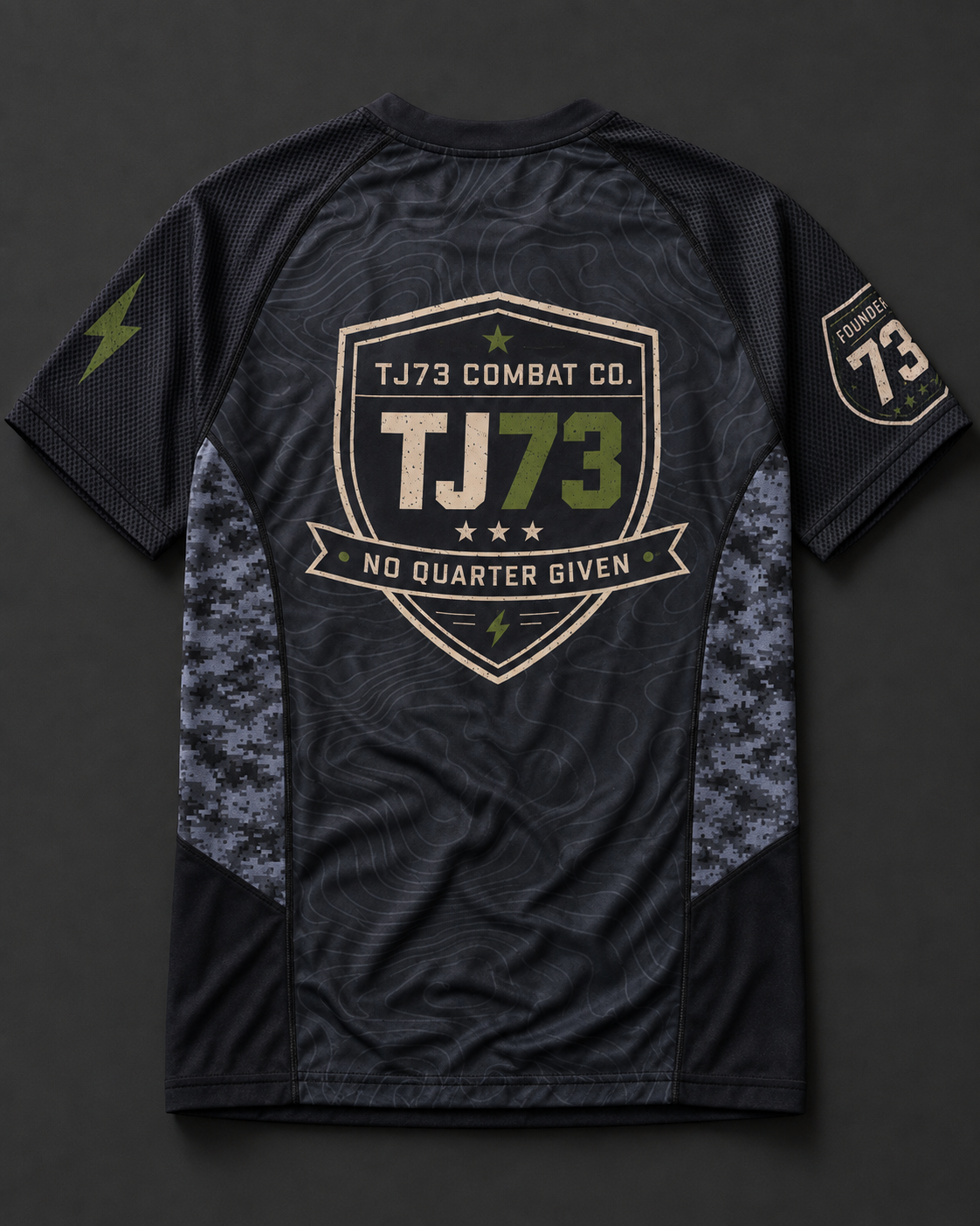 TJ73 Combat Co. short sleeve rashguard, back — TJ73 shield with NO QUARTER GIVEN banner