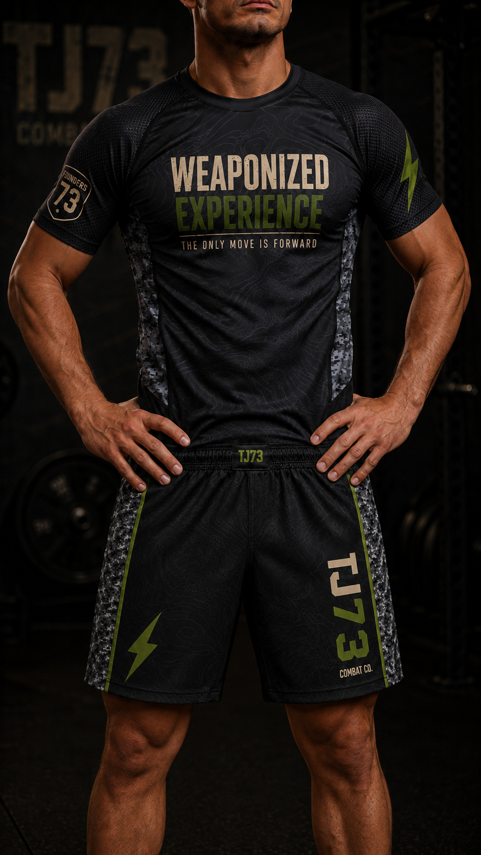 Athlete wearing TJ73 Combat Co. fight shorts and short sleeve rashguard, front view