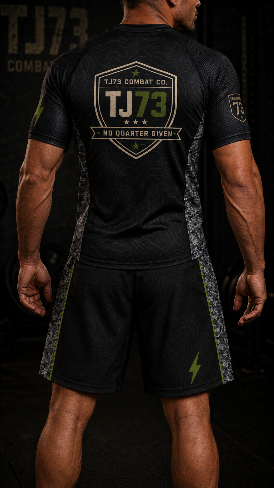 Athlete wearing TJ73 Combat Co. short sleeve rashguard, back view with TJ73 shield