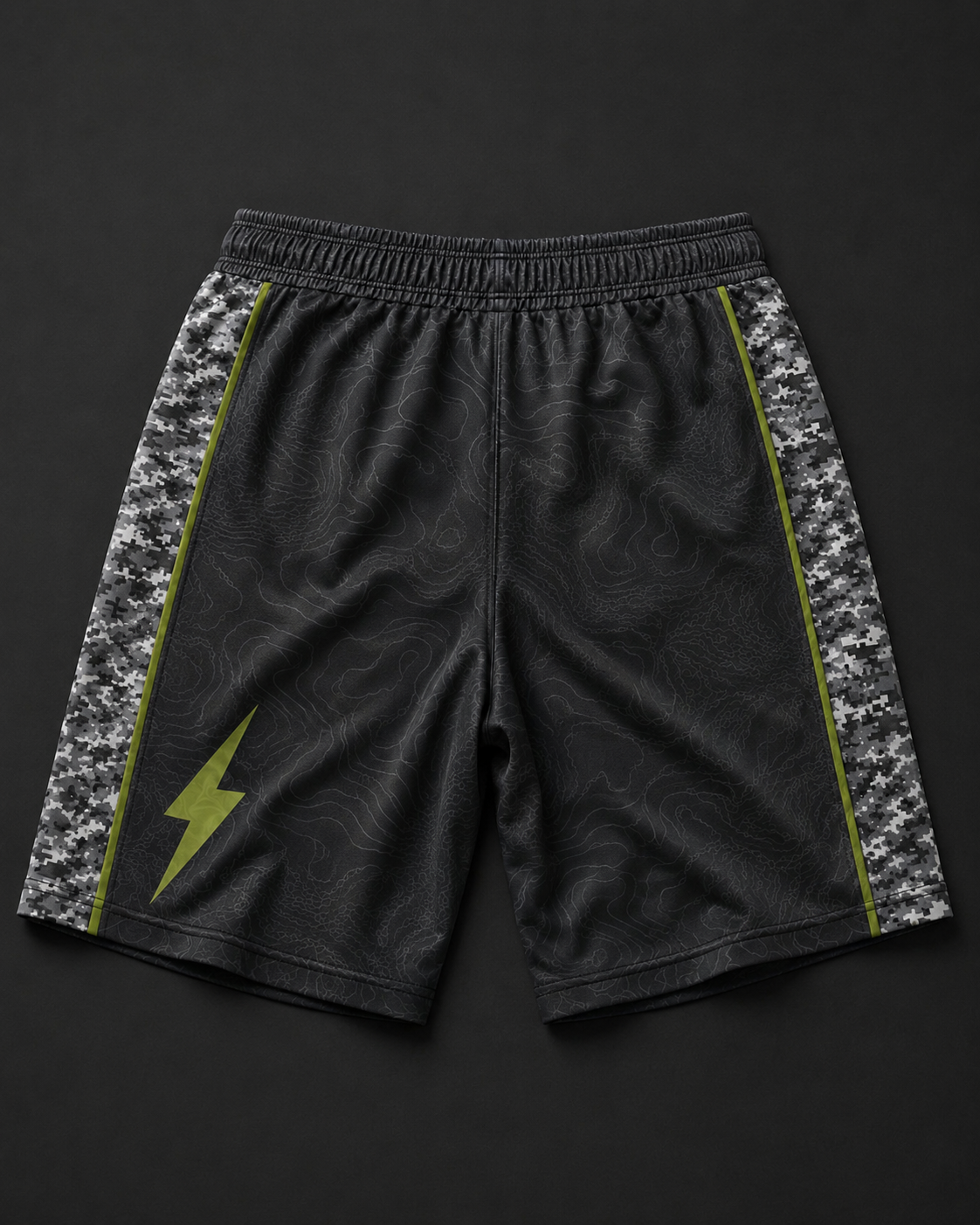 TJ73 Combat Co. fight shorts, back — elastic waistband and digital camo side panels