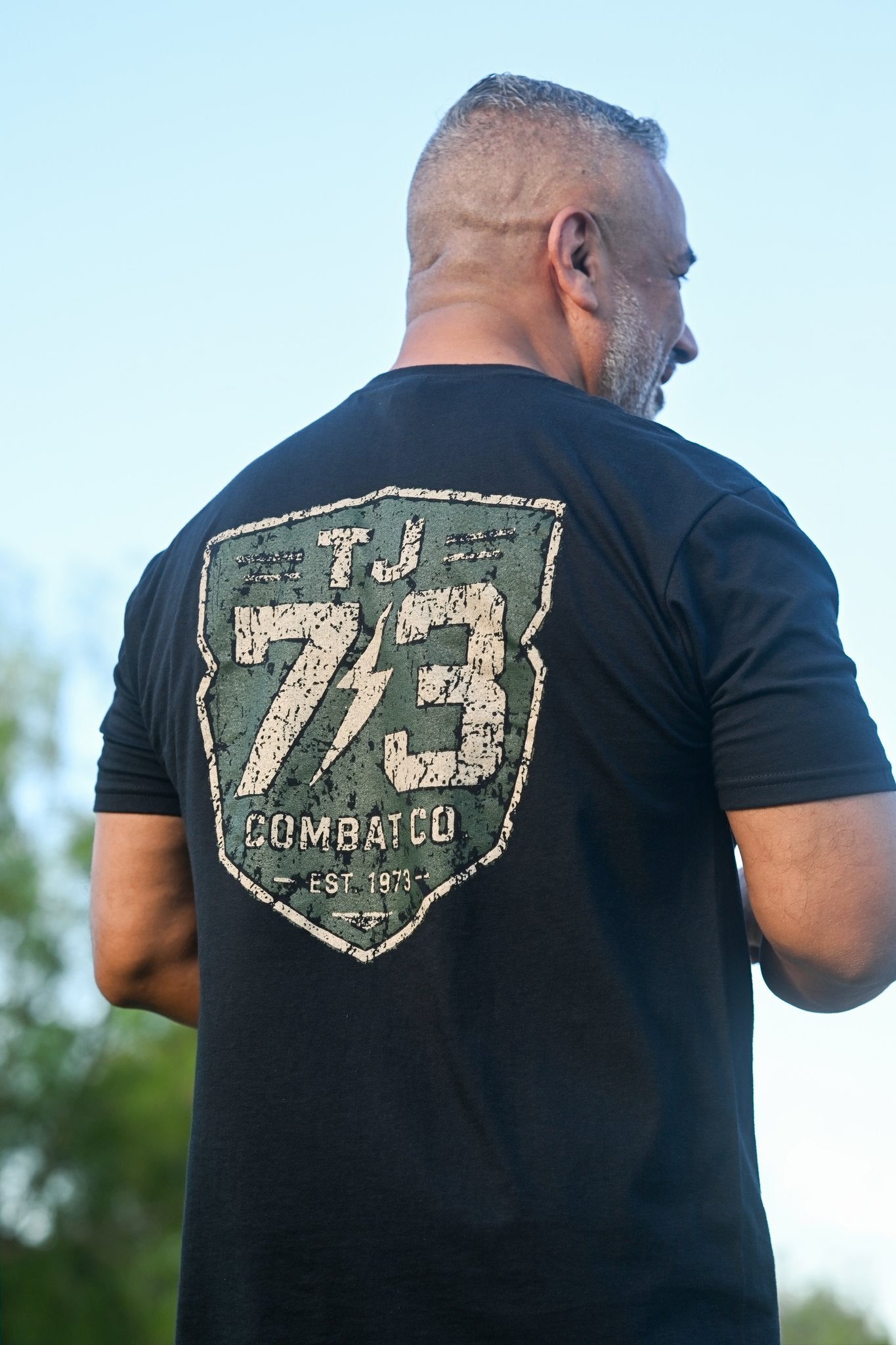 TJ73 Combat Co. 73 shield back print detail