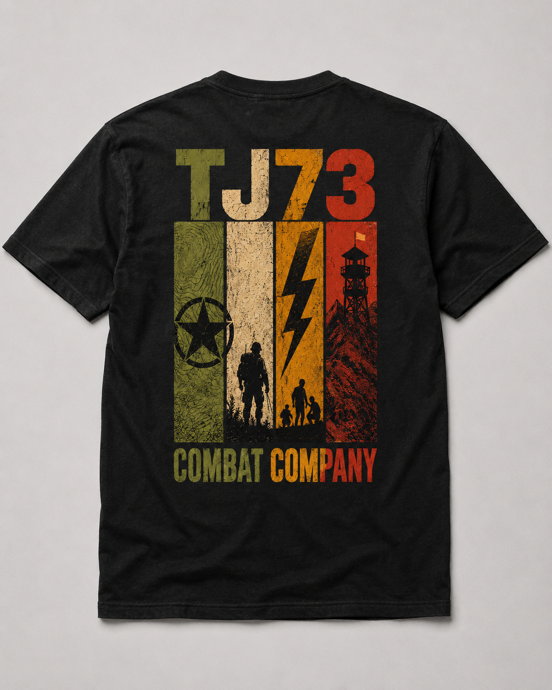 TJ73 Combat Company Tee, back — retro four-panel design with star, soldier, lightning bolt and watchtower