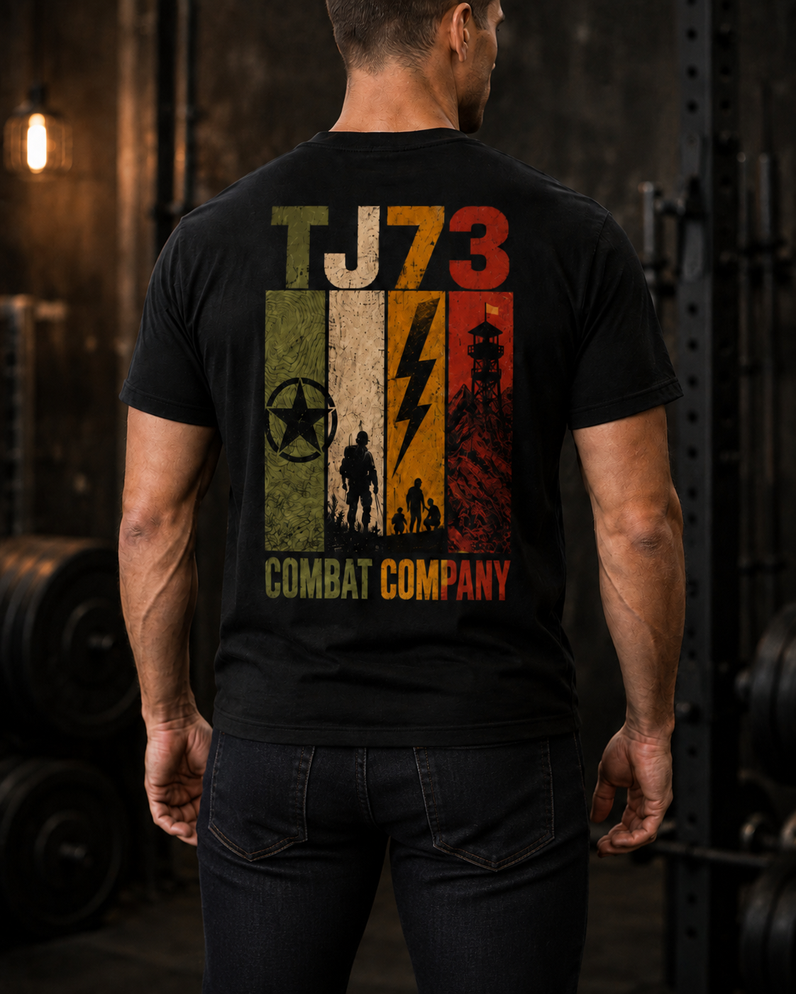 Man wearing TJ73 Combat Company Tee with jeans, back view showing the retro COMBAT COMPANY panel design