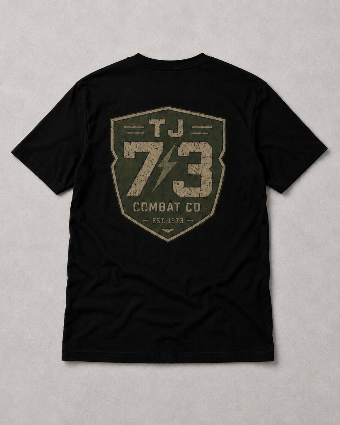 TJ73 Combat Co. black tee — back 73 shield, product view