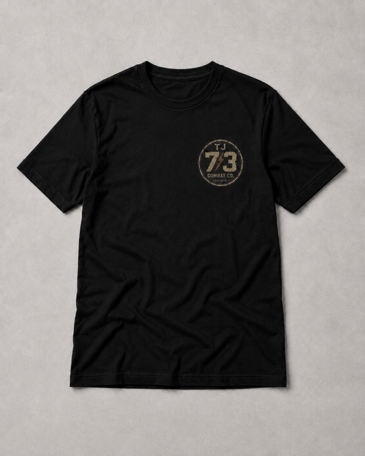 TJ73 Combat Co. black tee — front 73 badge, product view